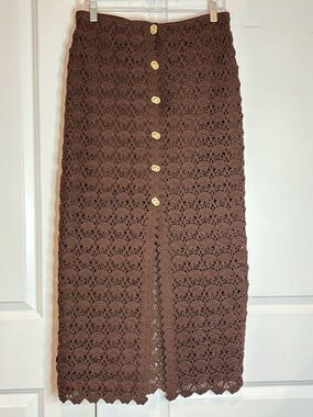 NWT H&M Edition Chocolate Brown Crochet Knit Button Front Maxi Skirt S
